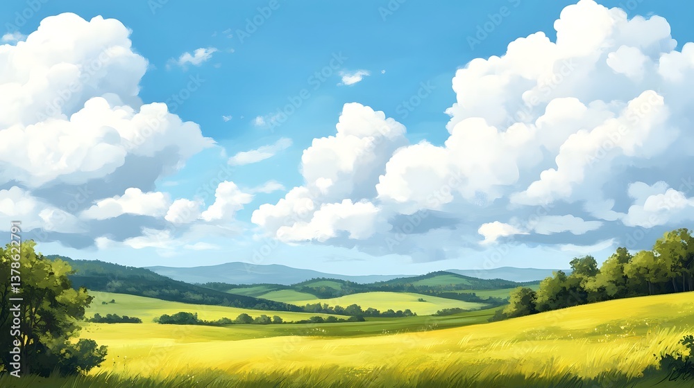 Obraz premium Scenic Countryside Landscape with Bright Blue Sky and Fluffy White Clouds in Soft Hand-Painted Style