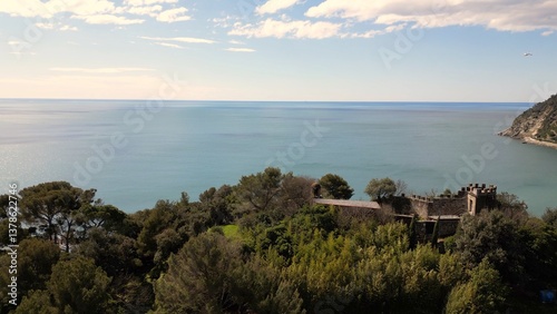 Obraz na płótnie Europe, Italy , Liguria drone aerial view of Moneglia little sea village in province of Genoa close to Cinque Terre - Gulf of Tigullio Mediterranean sea landscape w salonie