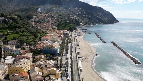 Obraz na płótnie Europe, Italy , Liguria drone aerial view of Moneglia little sea village in province of Genoa close to Cinque Terre - Gulf of Tigullio Mediterranean sea landscape w salonie