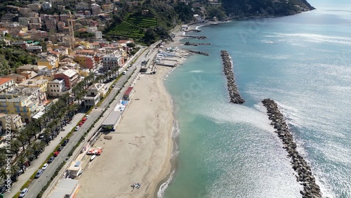 Europe, Italy , Liguria drone aerial view of Moneglia little sea village in province of Genoa close to Cinque Terre - Gulf of Tigullio Mediterranean sea landscape 