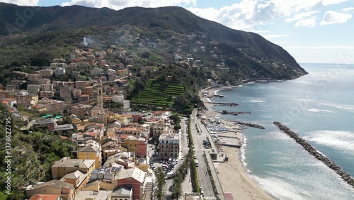 Europe, Italy , Liguria drone aerial view of Moneglia little sea village in province of Genoa close to Cinque Terre - Gulf of Tigullio Mediterranean sea landscape 