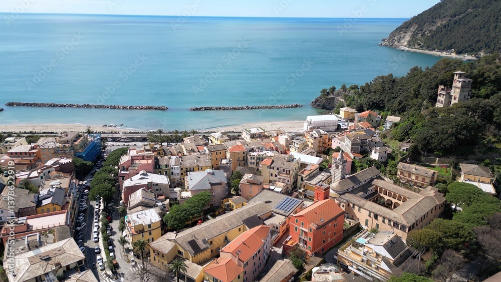 Europe, Italy , Liguria drone aerial view of Moneglia little sea village in province of Genoa close to Cinque Terre - Gulf of Tigullio Mediterranean sea landscape