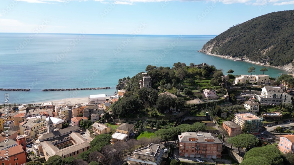 Europe, Italy , Liguria drone aerial view of Moneglia little sea village in province of Genoa close to Cinque Terre - Gulf of Tigullio Mediterranean sea landscape