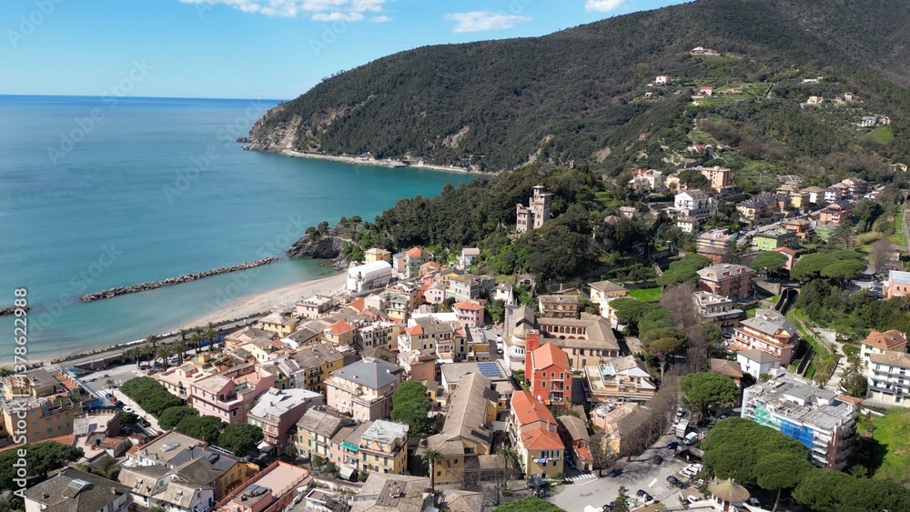Europe, Italy , Liguria drone aerial view of Moneglia little sea village in province of Genoa close to Cinque Terre - Gulf of Tigullio Mediterranean sea landscape