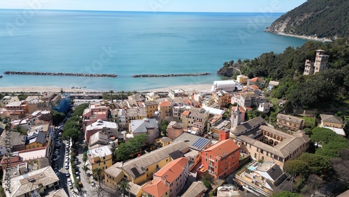 Obraz na płótnie Europe, Italy , Liguria drone aerial view of Moneglia little sea village in province of Genoa close to Cinque Terre - Gulf of Tigullio Mediterranean sea landscape w salonie