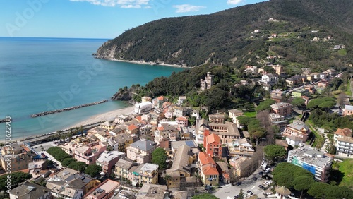 Obraz na płótnie Europe, Italy , Liguria drone aerial view of Moneglia little sea village in province of Genoa close to Cinque Terre - Gulf of Tigullio Mediterranean sea landscape w salonie