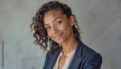 A portrait headshot photo of a friendly professional CEO executive business worker: A confident, young Black woman with curly hair smiles warmly while wearing a navy blazer and a cream-colored bl
