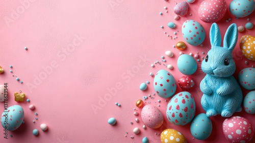 Symmetrical Top View of an Easter-Themed Background with Scattered Decorations: Bunnies, Eggs, and Toys on Pink Surface, Flat Lay Perspective with Ample Negative Space for Text or Design Elements
