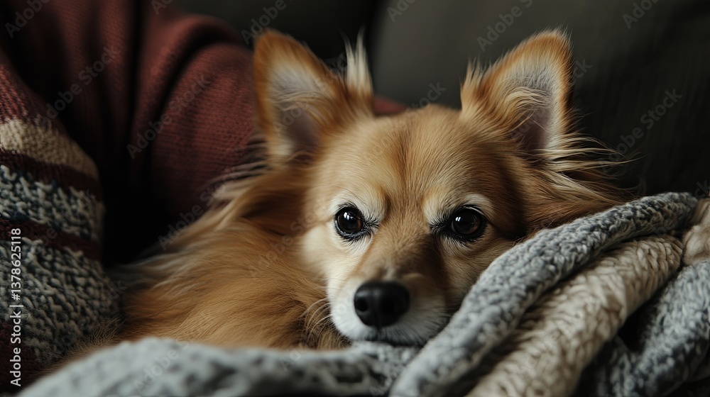 A pet owner cuddling a fluffy dog on a couch with a blanket pic