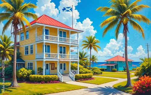 An oil painting of a bright yellow and light blue house with a red roof, featuring a wooden sign