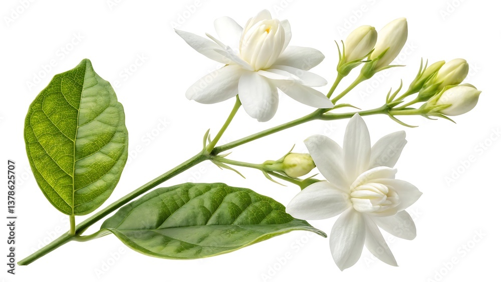 Fototapeta premium Jasmine flowers, white jasmine, green leaves, floral branch, isolated