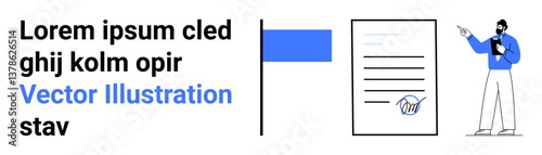 Man pointing to a signed document, accompanying text segment and a blue divider. Ideal for contract signing, legal services, instruction, agreement, business communication, workflow, simple landing