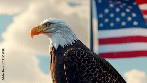 Bald eagle in front of an American flag, symbolizing freedom and patriotism for the 4th of July. 