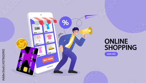 Online shopping and e-commerce marketing concept. A man with a megaphone announces a big sale and discount for an online store, promoting a new campaign with a smartphone and credit card.