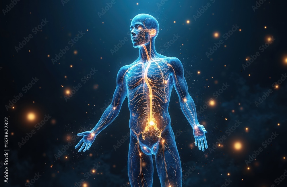 Fototapeta premium Illustration human body in space with glowing constellations nervous system. Anatomical art with nerve pathways. Medical, science, health concept. Futuristic 3d art. Body map, energy, mind, body.