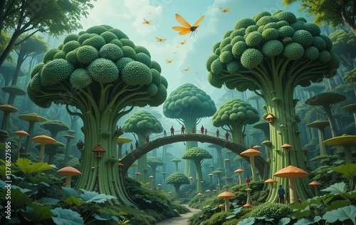 A digital painting of a magical forest with broccoli trees, celery bridges, and glowing mushrooms. Dragonflies with carrot slice wings fly in the sky.