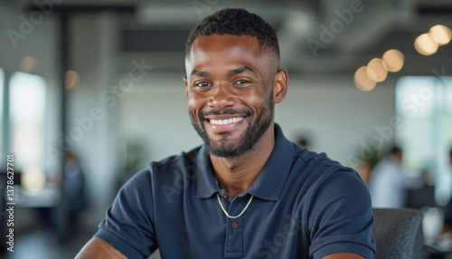 A portrait headshot photo of a friendly professional CEO executive business worker: A smiling young Black man with a beard sits confidently in a modern office space, looking directly at the camer photo