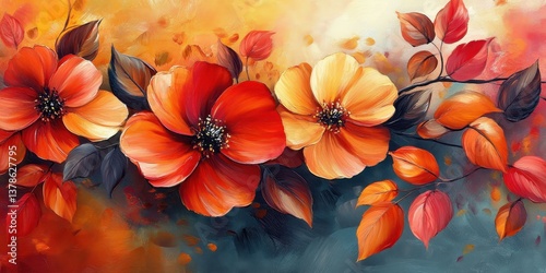 Obraz na płótnie Colorful abstract oil painting of autumn flower with orange, red, and yellow leaves. Hand-painted illustration of natural fall design w salonie