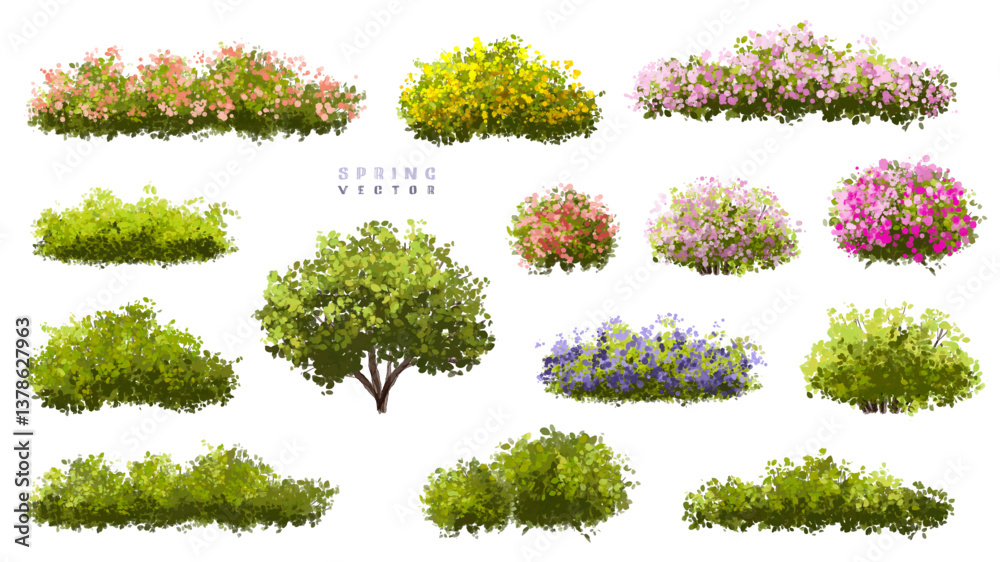  Vector watercolor blooming flower tree or forest side view isolated on white background for landscape and architecture drawing,elements for environment or and garden,green tree for garden section 