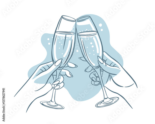 Hands hold white sparkling or wine, champagne or cocktail glasses. Blue Line art, outline, line, doodle. Cheers. Trendy art for bachelorette party and wedding invitations. Vector illustration