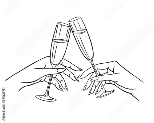 Hands hold white sparkling or red wine, champagne or cocktail glasses. Cheers. Trendy art for bachelorette party and wedding invitations. Vector illustration