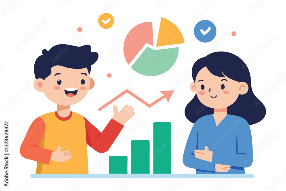 Fototapeta premium Animated People, Rising Graph, and Pie Chart on a White Background, Business Concept