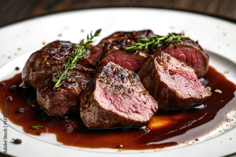 Luxurious Michelin level dish with perfectly cooked beef in rich sauce garnished with herbs Luxurious Michelin level dish with perfectly cooked beef in rich sauce garnished with herbs
