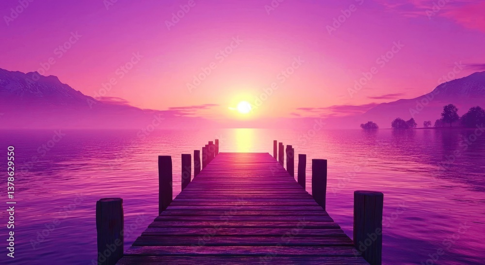 Obraz premium A Vibrant Sunset Over a Lakeside Wooden Bridge and Calm Waters