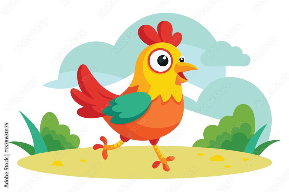 Naklejka premium Cartoon Chicken Strutting Art With Red Comb and Feathered Tail on Field