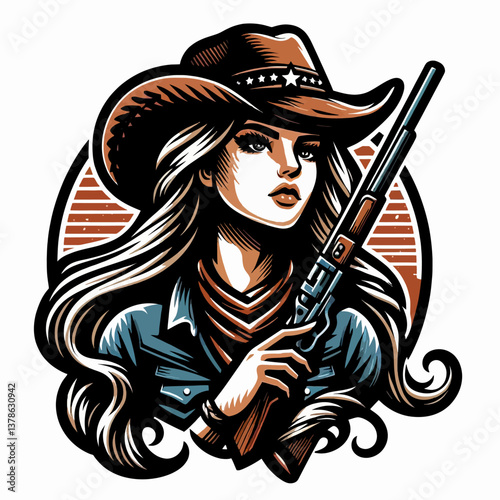 Logotipo vectorial en estilo póster con una chica vaquera, diseñado en gráfico, formato EPS10, ideal para impresión y branding.