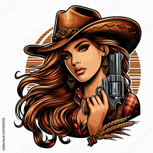 Vector logo in a poster style featuring a cowboy girl, crafted in graphic design, EPS10 format, perfect for printing and branding.