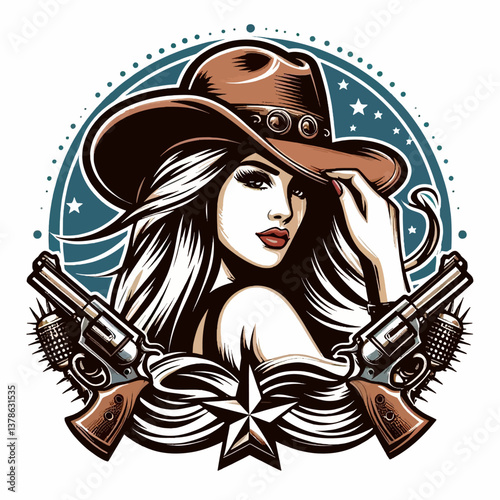 Vector logo in a poster style featuring a cowboy girl, crafted in graphic design, EPS10 format, perfect for printing and branding.