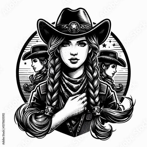 Vector logo in a poster style featuring a cowboy girl, crafted in graphic design, EPS10 format, perfect for printing and branding.