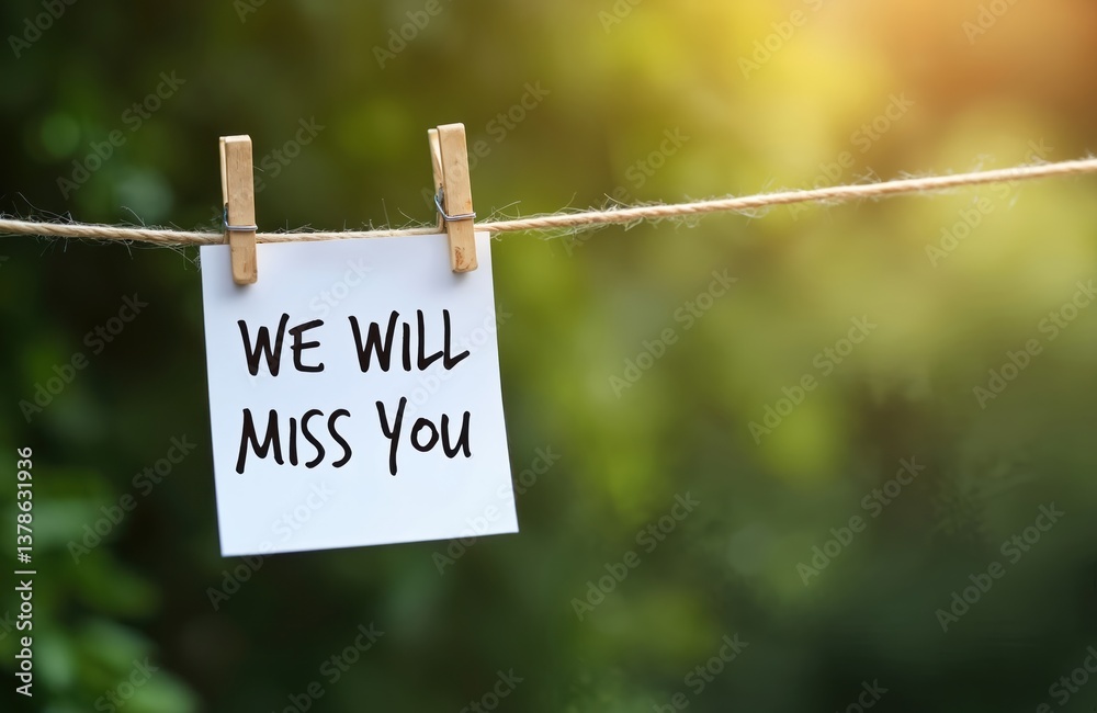 Message We will miss you written on white paper, hung with clothespins on rope. Concept of farewell, leaving, good bye note. Blurred green nature background. Love message, farewell concept.
