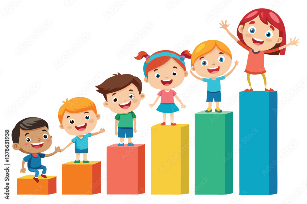 Cartoon Kids on Colorful Steps, Happy Diverse Children Illustration, White Background Cartoon Kids on Colorful Steps, Happy Diverse Children Illustration, White Background