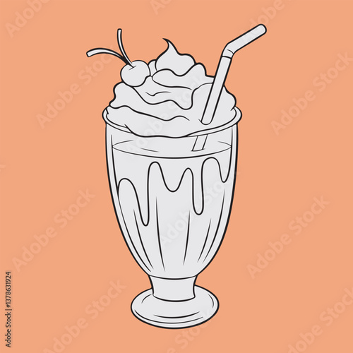 Milkshake with whipped cream and cherry on top in a retro milk bar dessert glass as a vector. tall glass vector. 