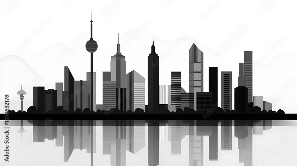 Fototapeta premium Monochrome Cityscape with Iconic Towers and Urban Reflection