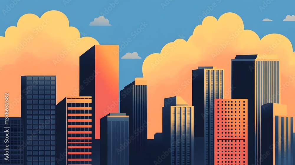 Minimalist Cityscape with Geometric Skyscrapers and Clouds Minimalist Cityscape with Geometric Skyscrapers and Clouds