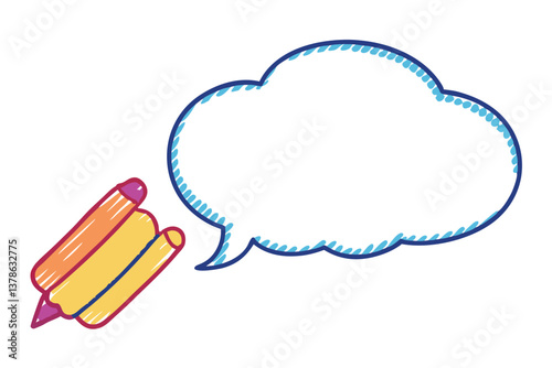 Colourful Pencils with Purple Tip and Cloud Shape Speech Bubble on White Background