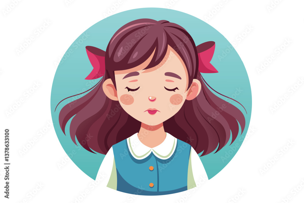 Cartoon Schoolgirl with Burgundy Hair and Bows on Turquoise Background Cartoon Schoolgirl with Burgundy Hair and Bows on Turquoise Background