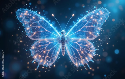 A digital art piece of a butterfly dissolving into particles with a glowing blue and cyan color scheme