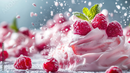 Swirl of creamy dessert creating a dynamic splash with fresh raspberries and mint garnish. Tasty ice cream concept with vibrant motion, sweet flavor, and copy space for food-themed designs.