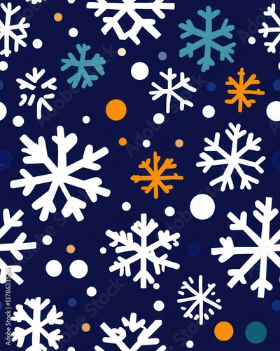 A delightful seamless pattern featu delicate white snowflakes scattered across a rich navy blue background interspersed with colorful circles creating a festive winter