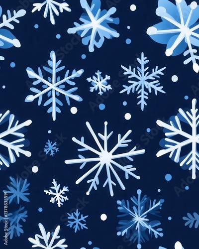 A seamless pattern featu elegant and intricate light blue snowflakes on a deep navy blue background perfect for winter holiday designs and festive fabric prints.