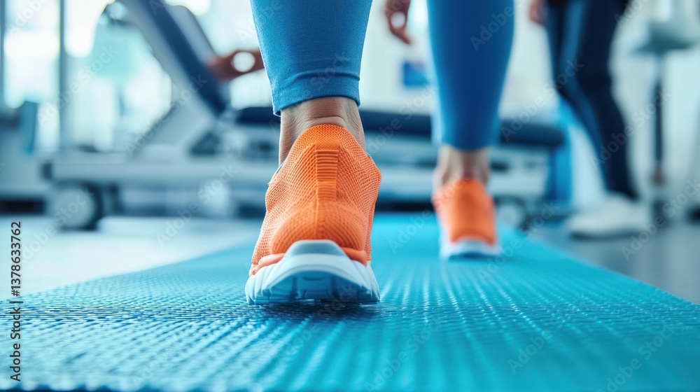 Close-Up View of Athletic Shoe on Exercise Mat in Gym Setting Close-Up View of Athletic Shoe on Exercise Mat in Gym Setting