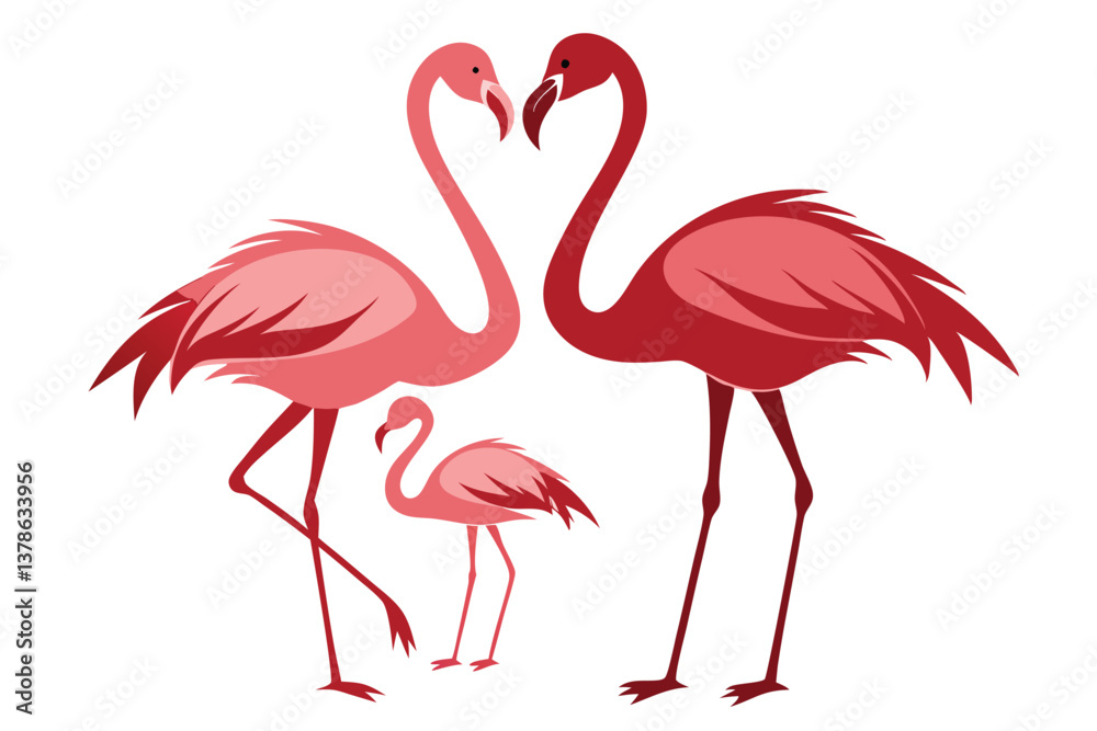 Fototapeta premium Elegant Flamingos Forming Heart Shape With Necks, Baby Flamingo, on White Background