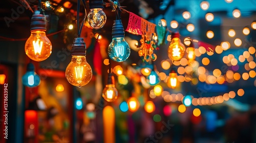 Vibrant and lively street decorations featuring a beautiful garland of lightbulbs, perfect for celebrating Cinco de Mayo festivities