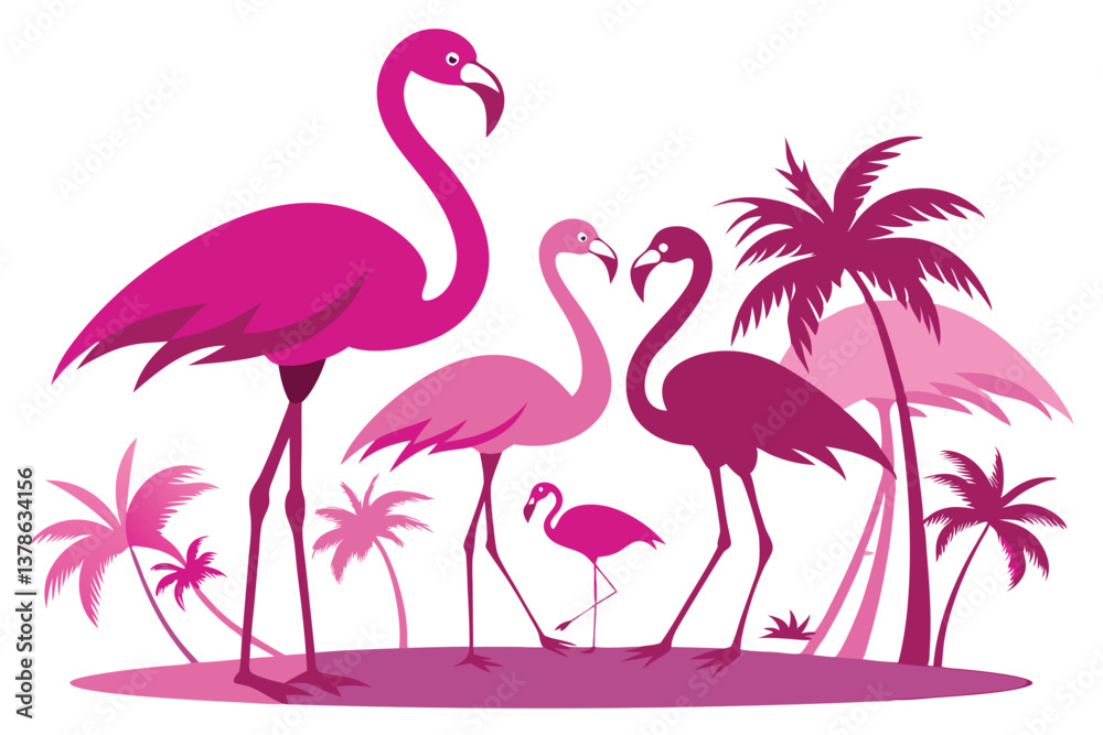 Obraz premium Exotic Pink Flamingo Family with Palm Trees in a Tropical Landscape Art