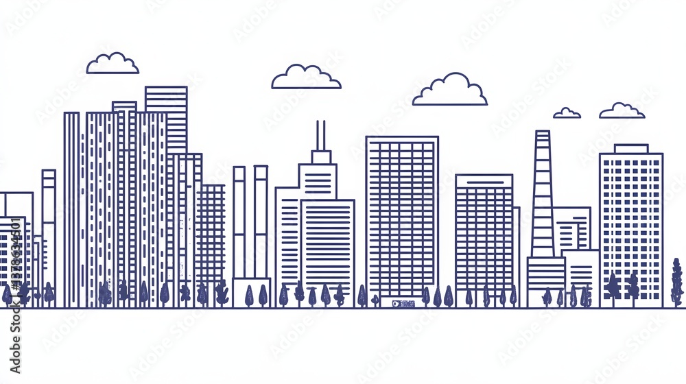 Obraz premium Minimalist Linear City Skyline with Sleek Skyscrapers and Industrial Elements