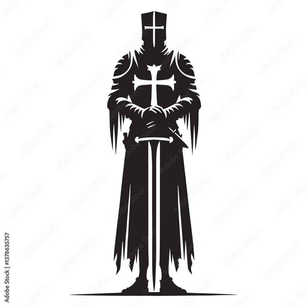 Obraz premium Melancholic Gothic Medieval Knight Statue silhouette, frozen in eternal duty - Gothic Knight illustration - Gothic Knight vector - Gothic silhouette